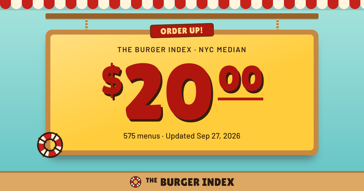 The Burger Index: the NYC median burger price on a yellow order board hanging over the water